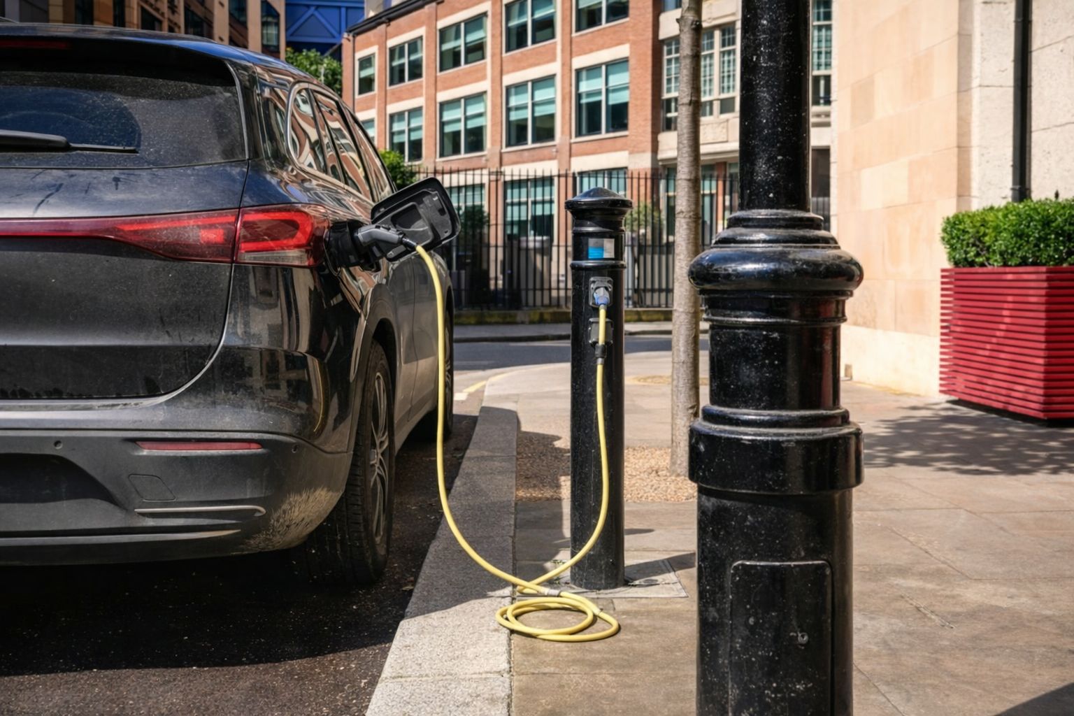 Musta sähköauto latauksessa kadun varressa sijaitsevasta lataustolpasta.